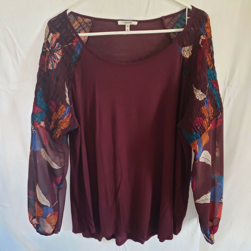 Maurices Long Sleeve Blouse Burgundy Floral Sleeves Women's Plus Size 0